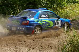 Heath Nunnemacher / Travis Hanson Subaru WRX at a 90-left on SS9.