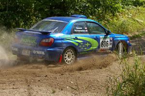 Heath Nunnemacher / Travis Hanson Subaru WRX at a 90-left on SS9.