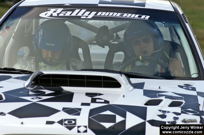 Travis Pastrana / Christian Edstrom Subaru WRX STi kicks up dirt on SS1 at the Bemidji Speedway Super Special.