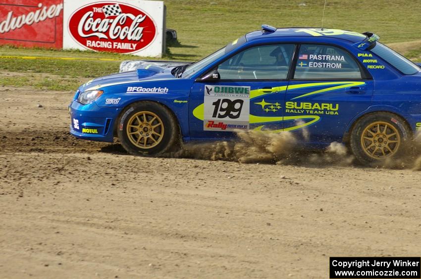 Travis Pastrana / Christian Edstrom Subaru WRX STi kicks up dirt on SS1 at the Bemidji Speedway Super Special.