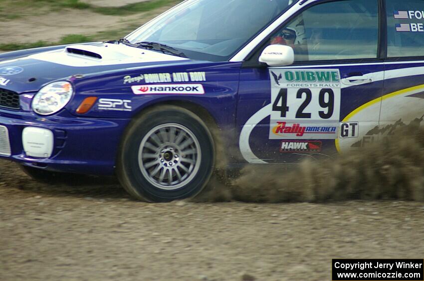 Tanner Foust / Chrissie Beavis Subaru WRX flings rocks on the Bemidji Speedway Super Special, SS1.