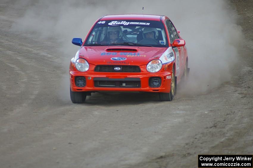 Matthew Johnson / Kim DeMotte Subaru WRX come out of the final corner of SS1 at the Bemidji Speedway.