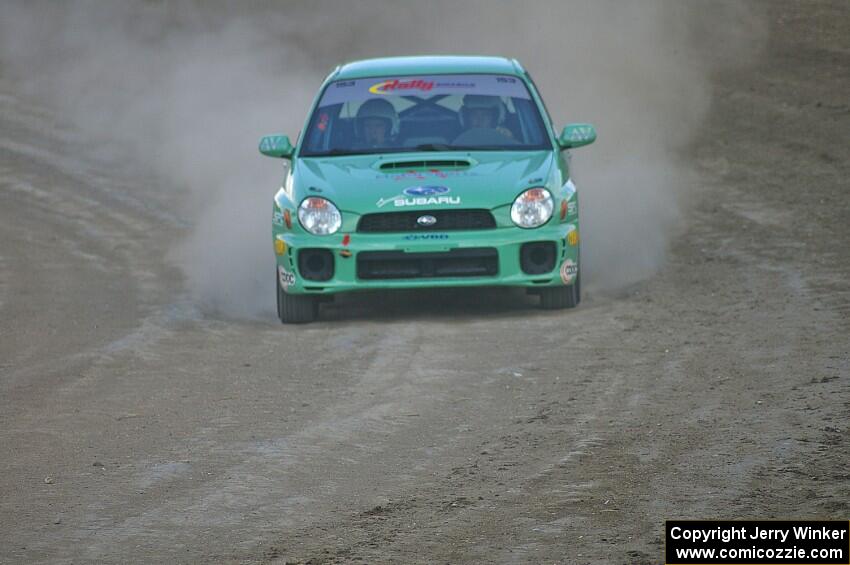 Eric Langbein / Jeremy Wimpey Subaru WRX come into the finish of SS1 at the Bemidji Speedway.