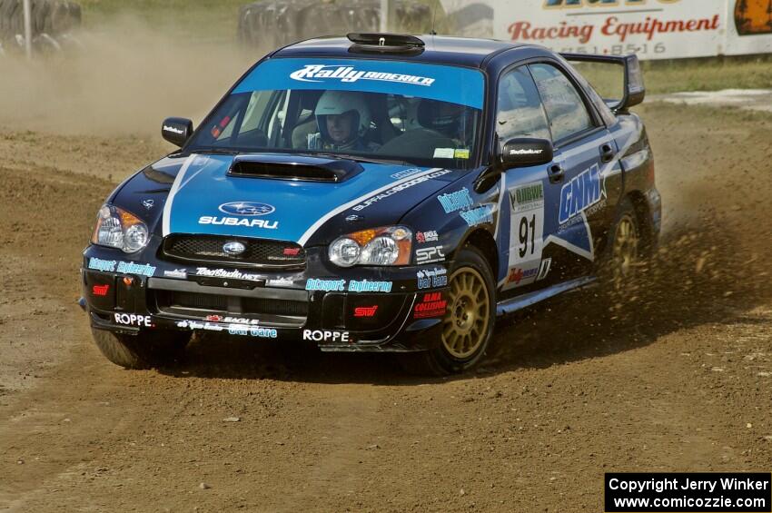 Jonathan Bottoms / Carolyn Bosley Subaru WTX STi at speed on SS1 at Bemidji Speedway.