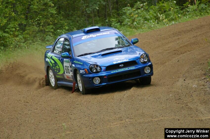Heath Nunnemacher / Travis Hanson Subaru WRX at speed on SS2.
