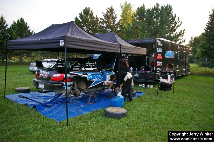 Jonathan Bottoms / Carolyn Bosley Subaru WTX STi gets serviced in Akeley.