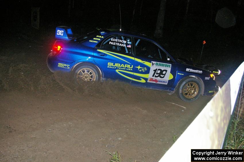 Travis Pastrana / Christian Edstrom Subaru WRX STi blasts gravel on SS8, Kabekona, at the spectator point.