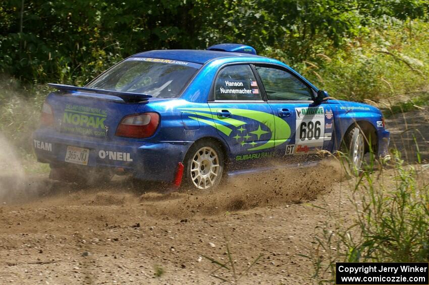 Heath Nunnemacher / Travis Hanson Subaru WRX at a 90-left on SS9.