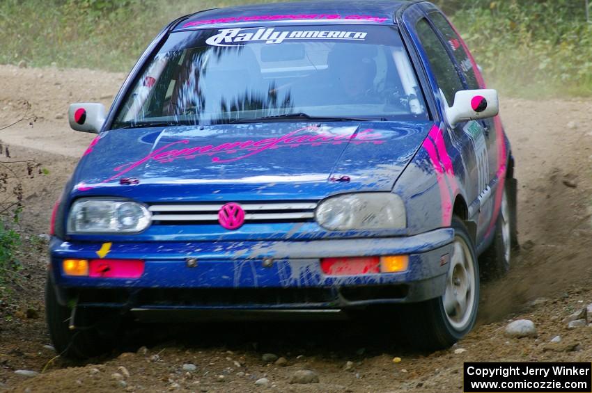 Kathy Jarvis / Martin Headland VW Golf at a hard right on SS13.