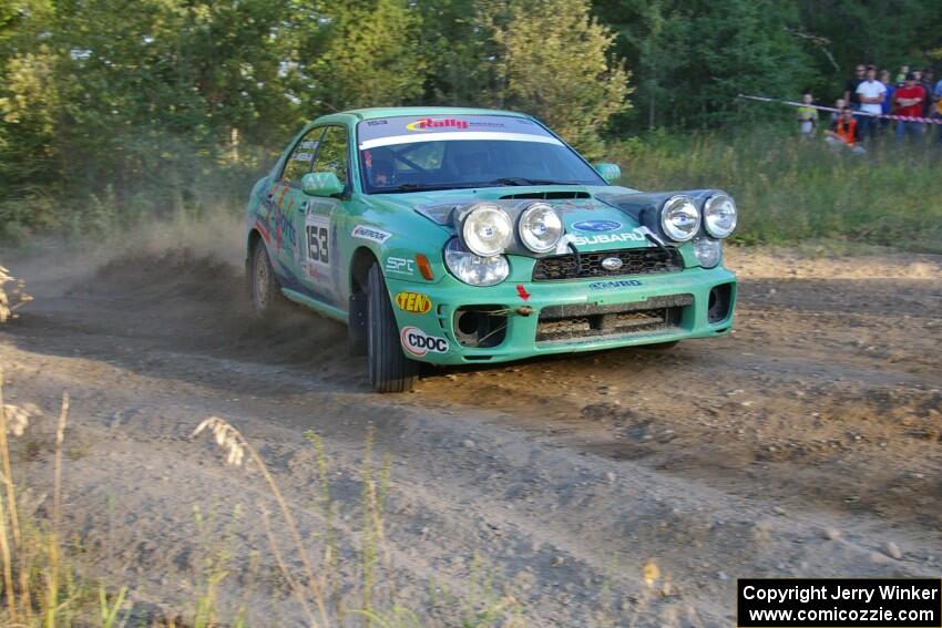 Eric Langbein / Jeremy Wimpey come into the spectator corner on SS14 in their Subaru WRX.