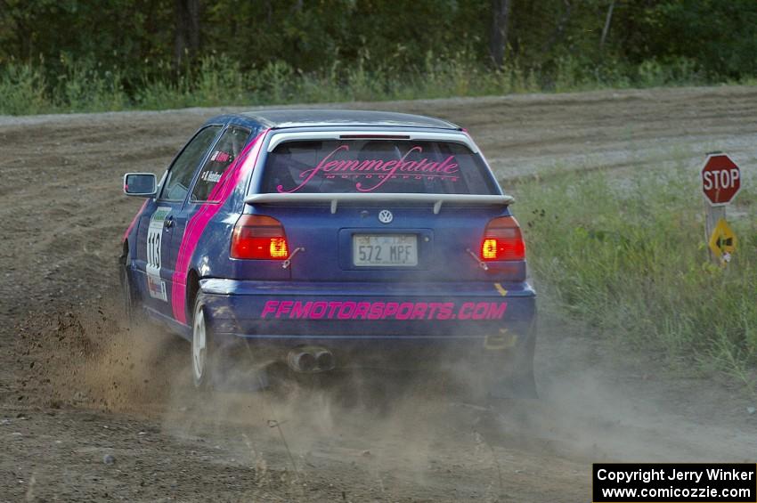 Kathy Jarvis / Martin Headland VW Golf at a hard right on SS14.