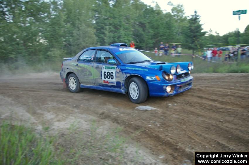 Heath Nunnemacher / Travis Hanson Subaru WRX on SS14 at the spectator point.