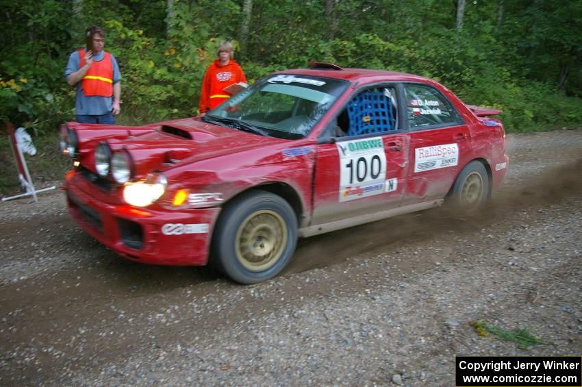 Dave Anton / Dominik Jozwiak blast away from the start of SS16 in their Subaru WRX STi.