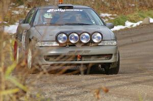 Erick Nelson / Greg Messler Plymouth Laser ran as 0 car for the weekend, seen here near the start of SS1.