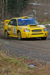 Tim O'Neil / Martin Headland at speed in their Subaru WRX STi on SS1, Herman.