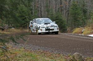 Dave Anton / Robbie Durant at speed in their Subaru Impreza on SS1, Herman.