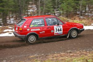 Paul Koll / Matt Wappler drift their VW GTI through a fast uphill left on Herman, SS1, near the start of the stage.