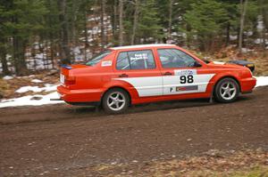 Mike Merbach / Jeff Feldt debuted their new VW Jetta, seen here on SS1, Herman.