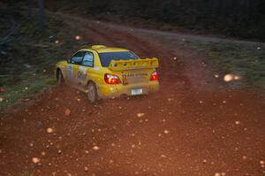 Tim O'Neil / Martin Headland sling rocks through the final corner of SS3, Echo Lake 1, in their Subaru WRX STi.