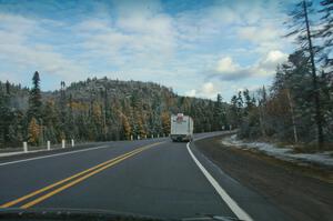 Following the Andrew Comrie-Picard / Marc Goldfarb Mitsubishi Lancer Evo IV tow rig up to Copper Harbor.