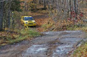 Tim O'Neil / Martin Headland drift through a corner before the final uphill on Gratiot Lake 1, SS8, in their Subaru WRX STi.