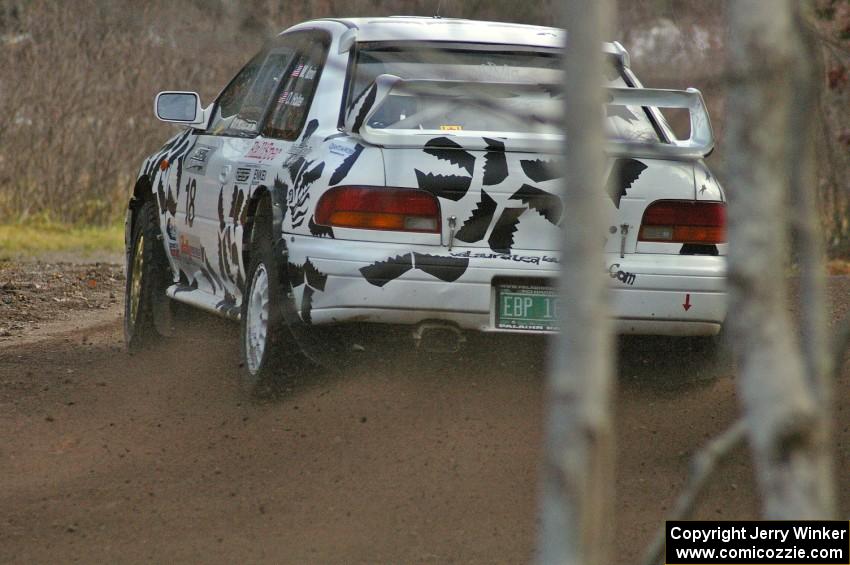 Matt Iorio / Ole Holter Subaru Impreza drifts wide on SS1, Herman. Their rally ended early after they rolled the car.