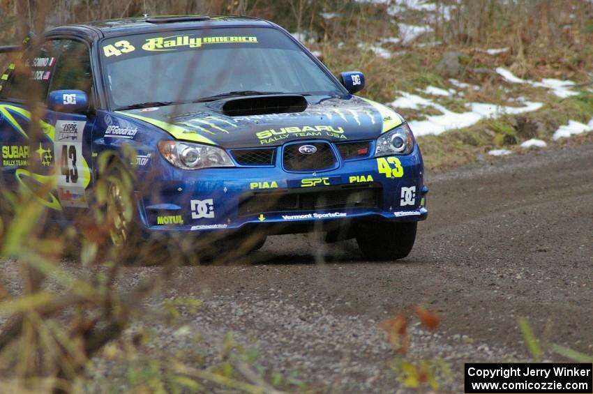 Ken Block / Alex Gelsomino Subaru WRX STi blasts through the first few corners of SS1, Herman.