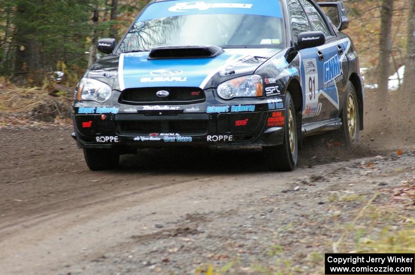 Jonathan Bottoms / Carolyn Bosley at speed on SS1, Herman, in their Subaru WRX STi.