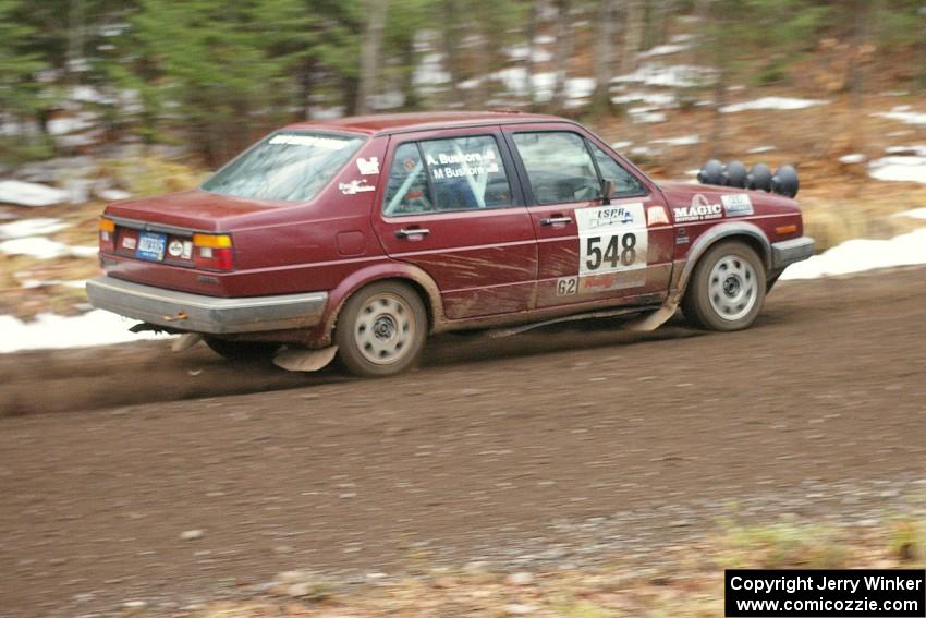 Matt Bushore / Andy Bushore head uphill through the first corners of Herman, SS1, in their VW Jetta.