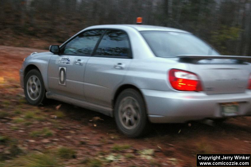 The 0 car Subaru WRX of Tom Nelson at the final corner of SS3, Echo Lake 1.