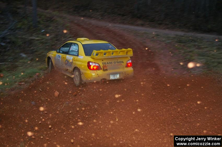 Tim O'Neil / Martin Headland sling rocks through the final corner of SS3, Echo Lake 1, in their Subaru WRX STi.