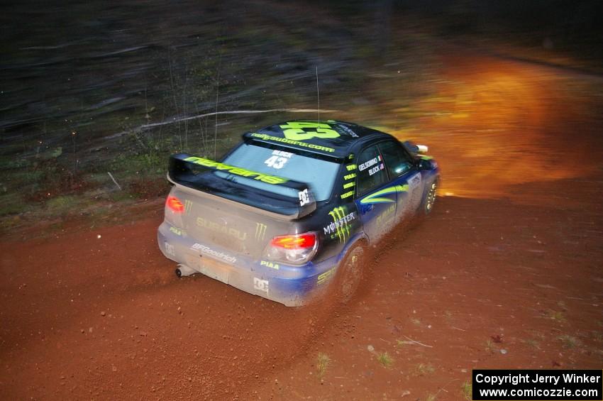 Ken Block / Alex Gelsomino Subaru WRX STi slings gravel through the final uphill left turn on Echo Lake 1, SS3.