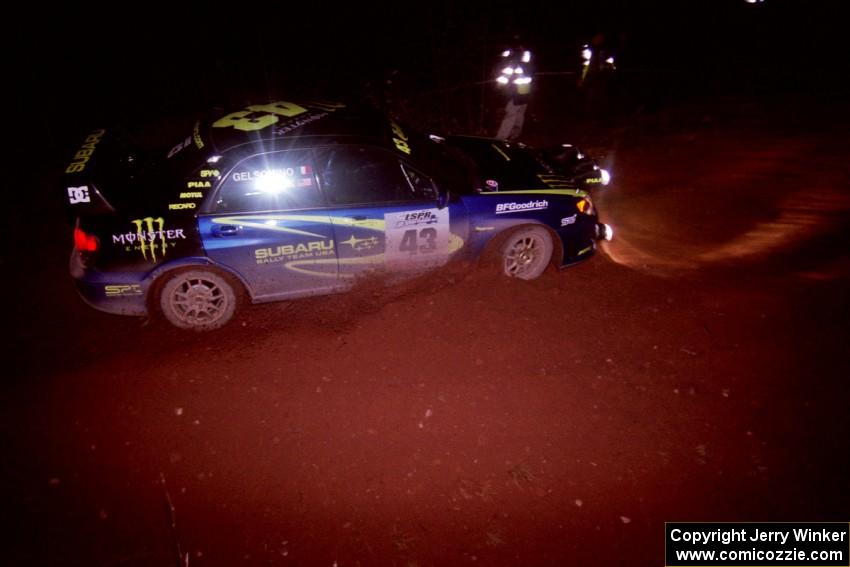 The Ken Block / Alex Gelsomino Subaru WRX STi goes through an uphill left near the finish of Echo Lake 2.