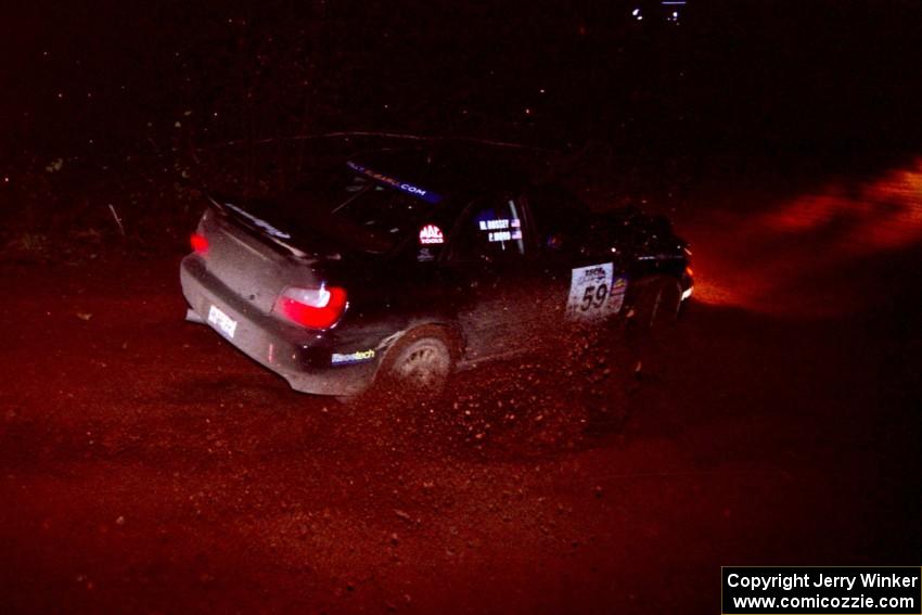 The Pat Moro / Mike Rossey Subaru WRX through an uphill left near the finish of Echo Lake 2.