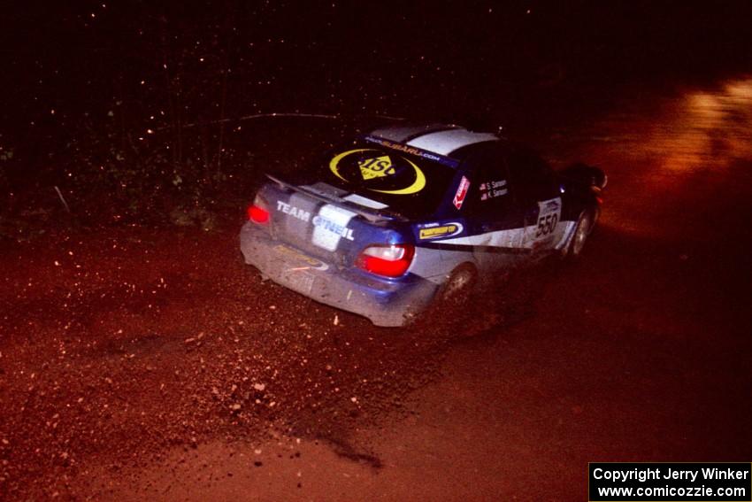 The Kyle Sarasin / Stuart Sarasin Subaru WRX goes through an uphill left near the finish of Echo Lake 2.