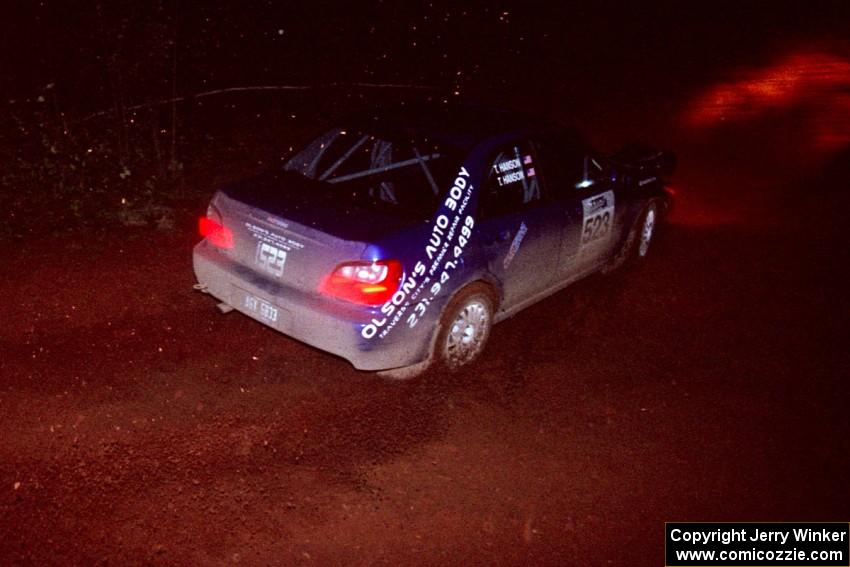 The Travis Hanson / Terry Hanson Subaru WRX goes through an uphill left near the finish of Echo Lake 2.