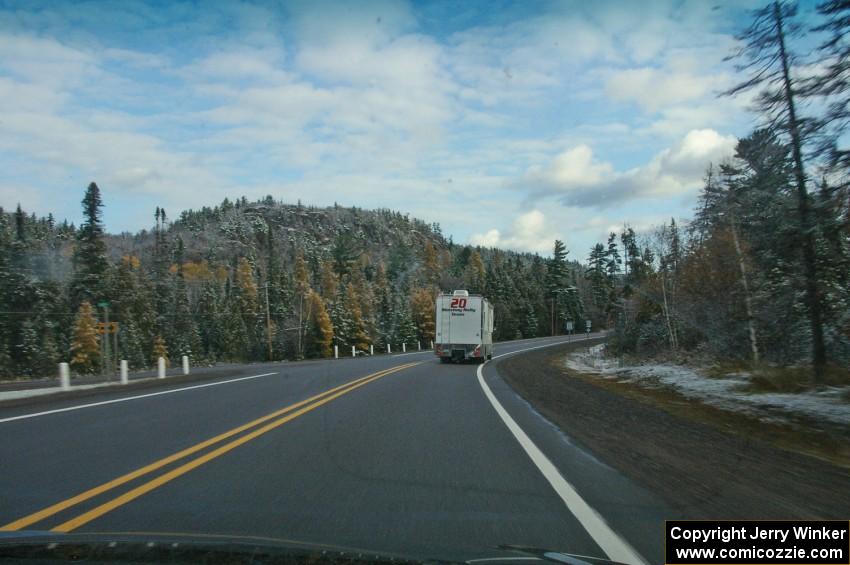 Following the Andrew Comrie-Picard / Marc Goldfarb Mitsubishi Lancer Evo IV tow rig up to Copper Harbor.