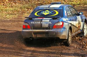 Kyle Sarasin / Stuart Sarasin through the final corner of SS8, Gratiot Lake 1, in their Subaru WRX.