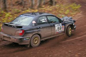 Pat Moro / Mike Rossey at speed at the first corner of SS15, Gratiot Lake 2, in their Subaru WRX.
