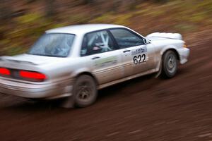 Larry Parker / Mandi Gentry at speed through the first corner of Gratiot Lake 2, SS15, in their Mitsubishi Galant VR4.