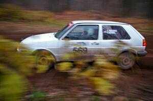 John Hruska / Carl Seidel at speed through the first corner of Gratiot Lake 2, SS15, in their VW GTI.