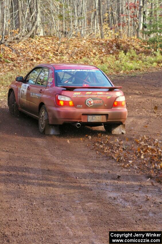 Bryan Pepp / Jerry Stang carry too much speed into the final corner of SS8, Gratiot Lake 1, in their Subaru WRX.