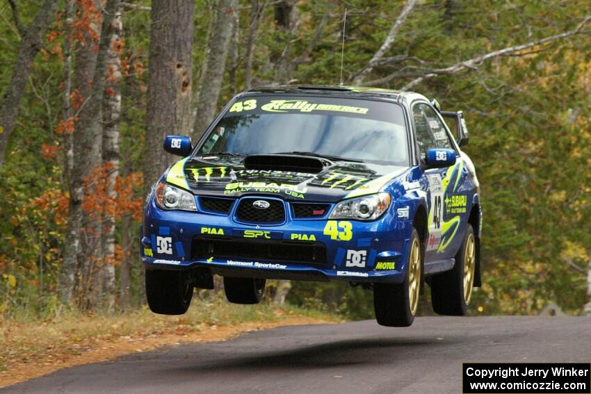 Ken Block / Alex Gelsomino Subaru WRX STi catches nice air at the midpoint jump on SS11, Brockway 1.