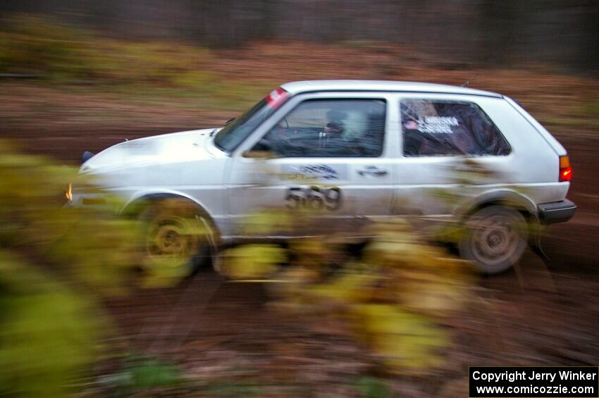 John Hruska / Carl Seidel at speed through the first corner of Gratiot Lake 2, SS15, in their VW GTI.