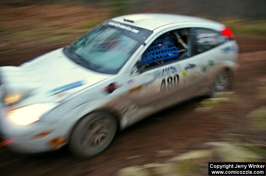 Mike Gagnon / Bob Martin at speed through the first corner of Gratiot Lake 2, SS15, in their Ford Focus ZX3.